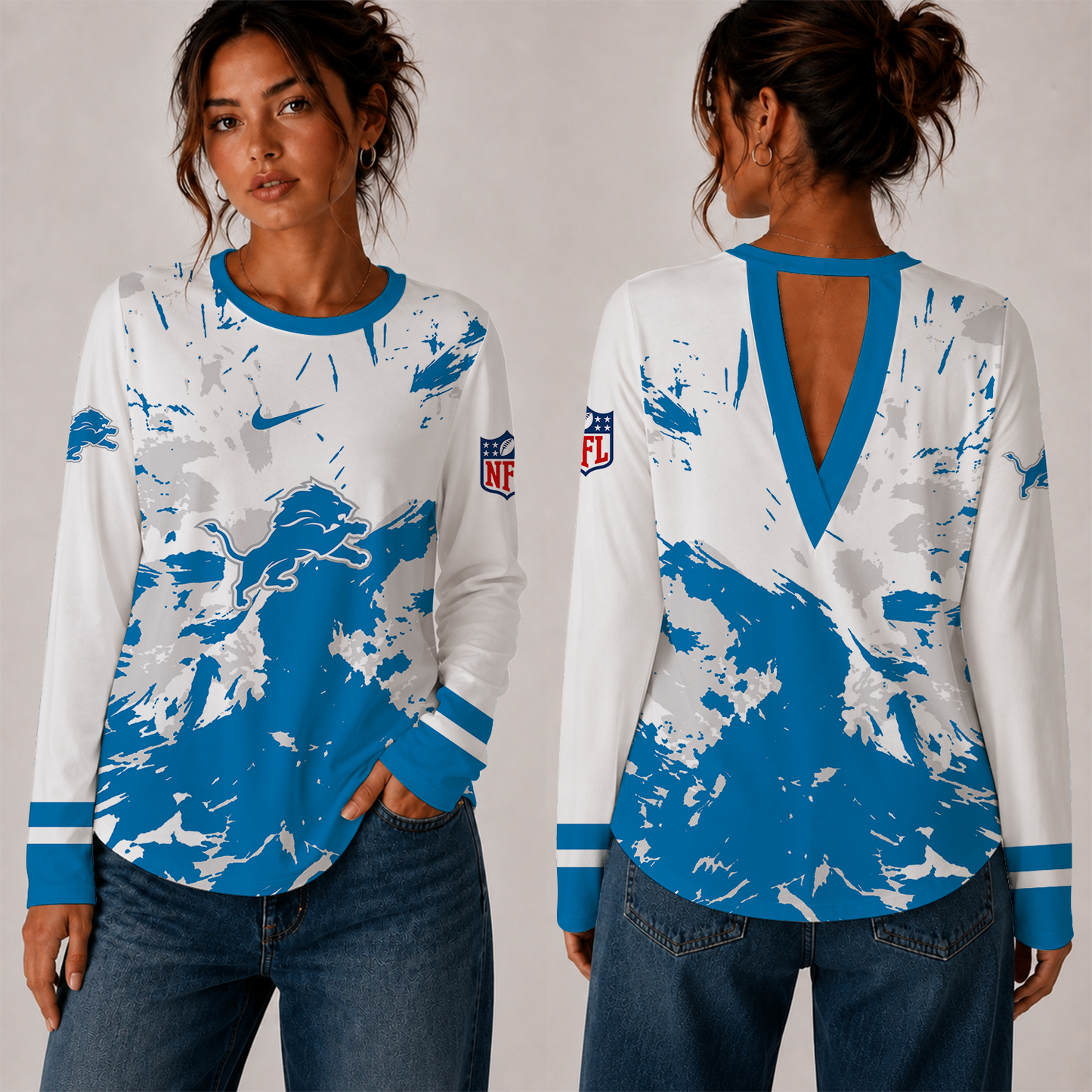 [SPECIAL OFFER] NEW CUSTOMIZED NFL04 DTL DETROIT LIONS WOMEN'S BACK V-CUT LONG-SLEEVE SHIRT