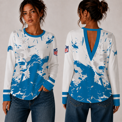 [SPECIAL OFFER] NEW CUSTOMIZED NFL04 DTL DETROIT LIONS WOMEN'S BACK V-CUT LONG-SLEEVE SHIRT