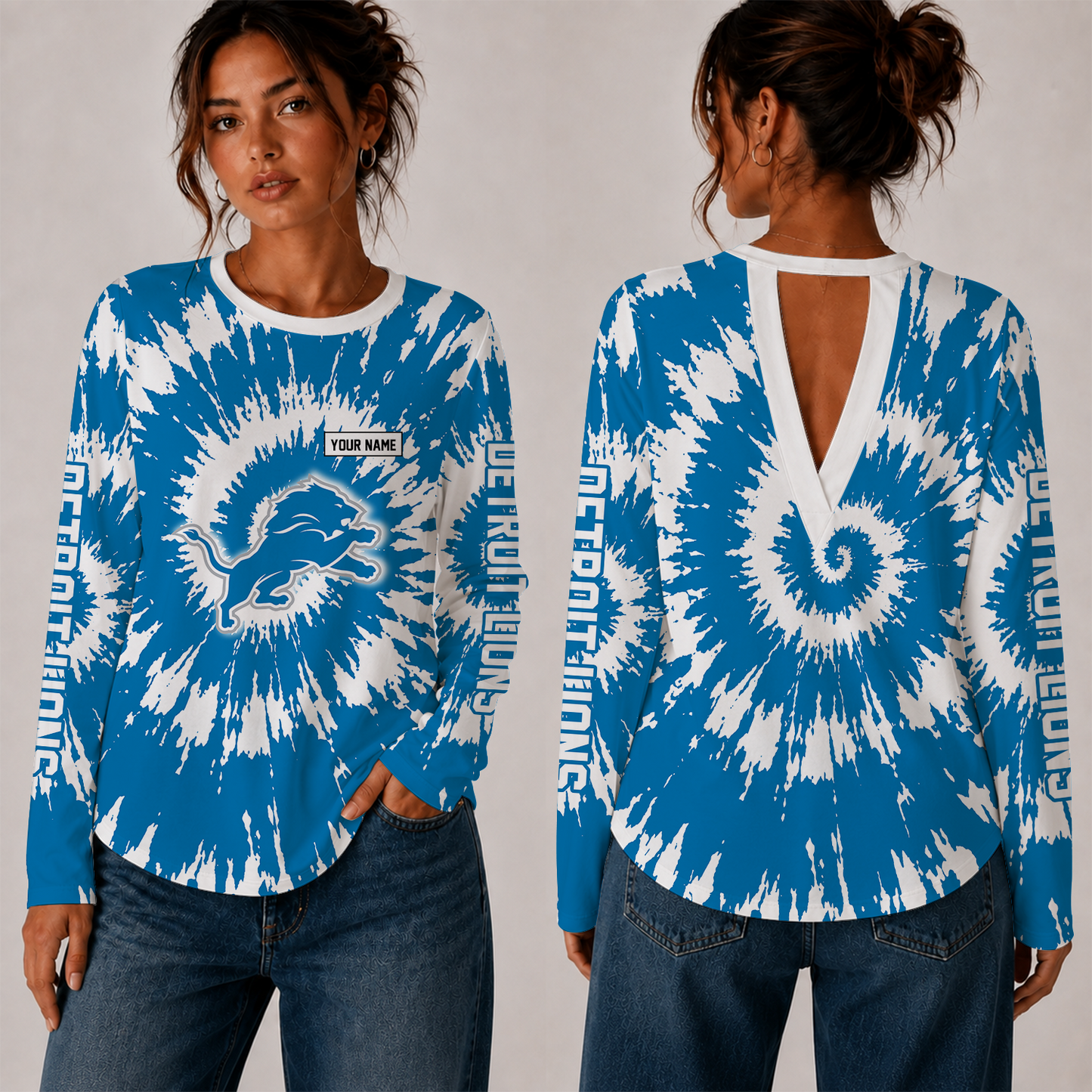 [SPECIAL OFFER] NEW CUSTOMIZED NFL04 DTL DETROIT LIONS WOMEN'S BACK V-CUT LONG-SLEEVE SHIRT