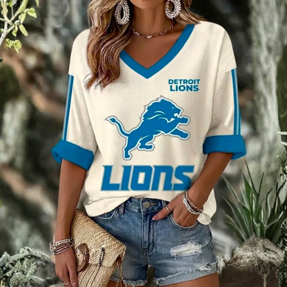 [SPECIAL OFFER] NEW CUSTOMIZED NFL04 DTL DETROIT LIONS WOMEN'S HEART V-NECK LONG SLEEVE SHIRT