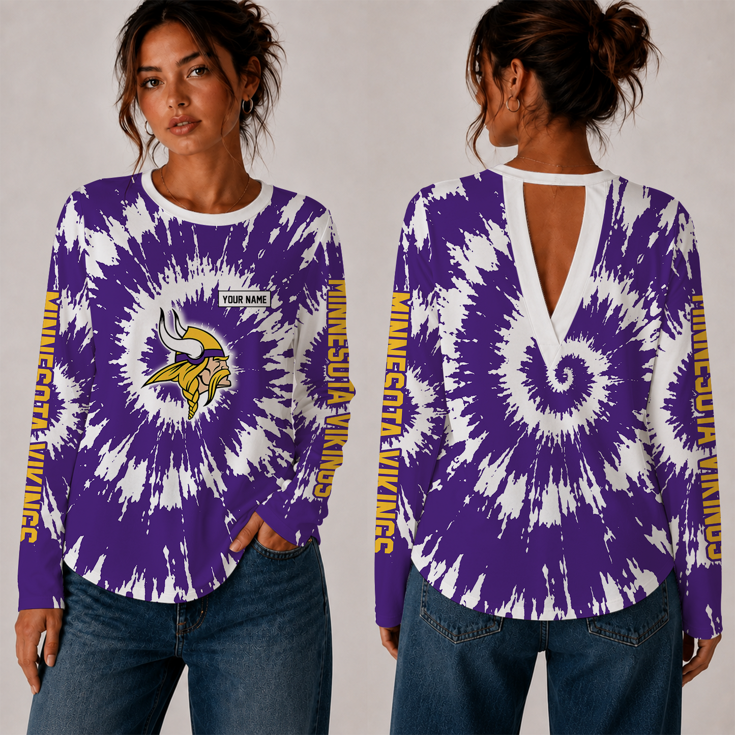 [SPECIAL OFFER] NEW CUSTOMIZED NFL05 MVK MINNESOTA VIKINGS WOMEN'S BACK V-CUT LONG-SLEEVE SHIRT