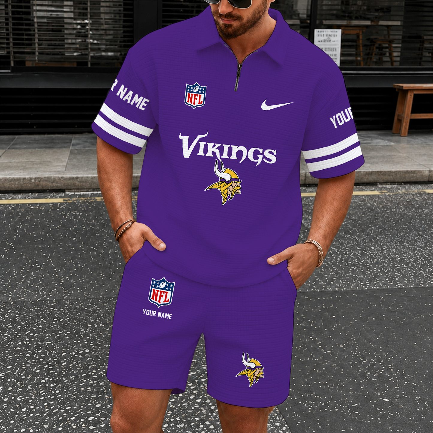 [SPECIAL OFFER] NEW CUSTOMIZED NFL05 MVK MINNESOTA VIKINGS QUARTER-ZIP POLO SHIRT & SHORTS SET