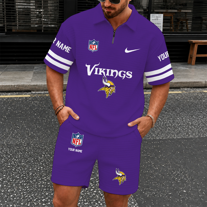 [SPECIAL OFFER] NEW CUSTOMIZED NFL05 MVK MINNESOTA VIKINGS QUARTER-ZIP POLO SHIRT & SHORTS SET