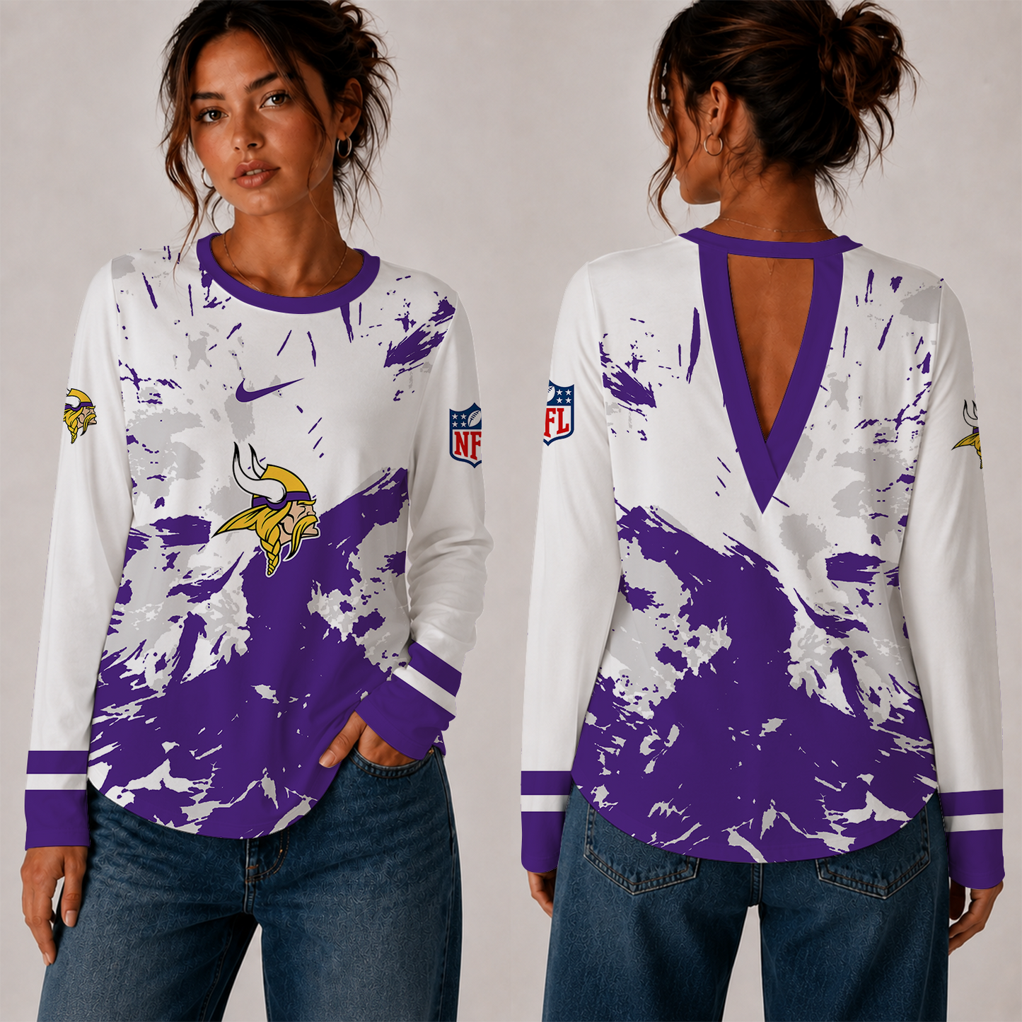 [SPECIAL OFFER] NEW CUSTOMIZED NFL05 MVK MINNESOTA VIKINGS WOMEN'S BACK V-CUT LONG-SLEEVE SHIRT