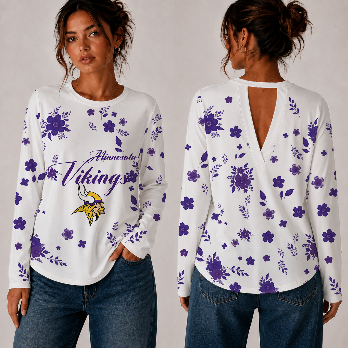 [SPECIAL OFFER] NEW CUSTOMIZED NFL05 MVK MINNESOTA VIKINGS WOMEN'S BACK V-CUT LONG-SLEEVE SHIRT