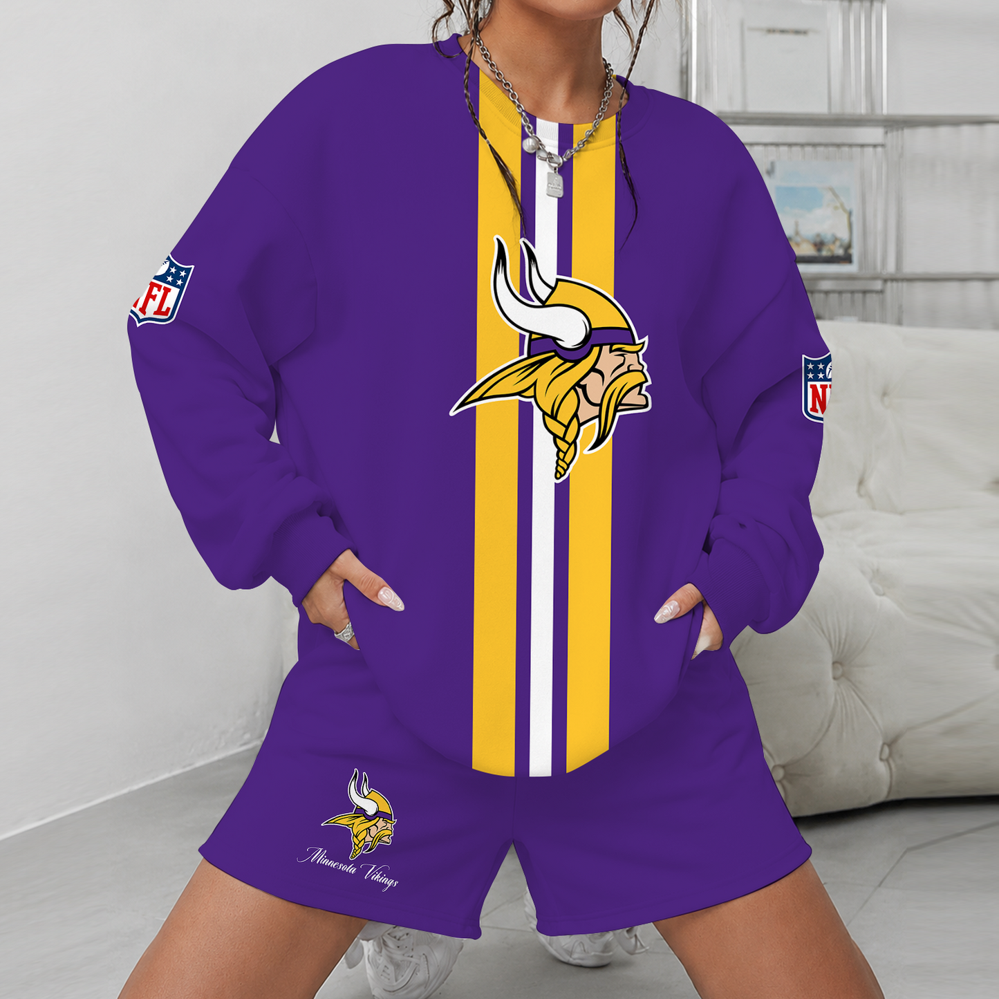 [SPECIAL OFFER] NEW CUSTOMIZED NFL05 MVK MINNESOTA VIKINGS UNISEX SWEATSHIRT & SHORTS SET