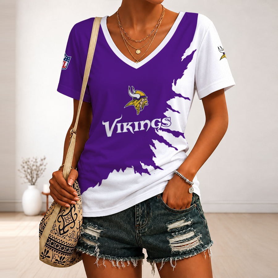 [SPECIAL OFFER] NEW CUSTOMIZED NFL05 MVK MINNESOTA VIKINGS V-NECK FEMALE SHIRT