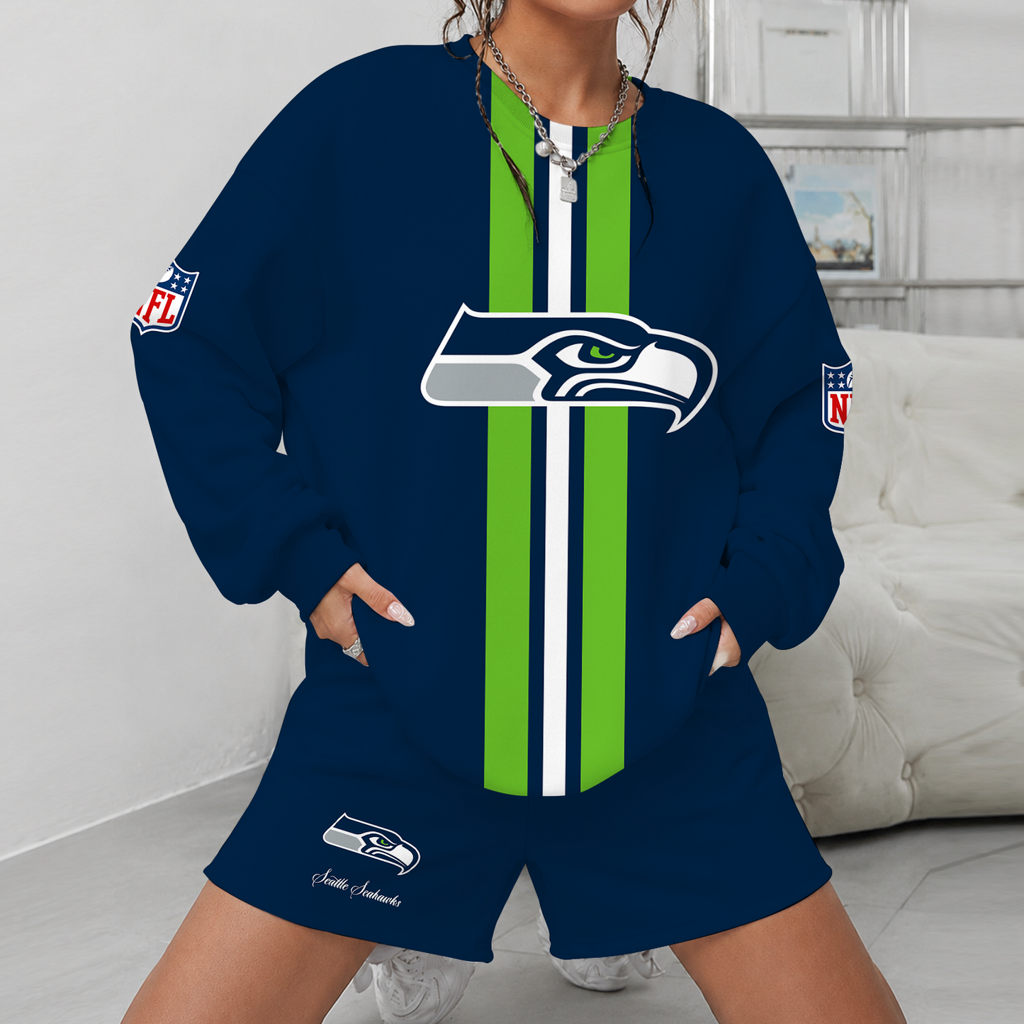 [SPECIAL OFFER] NEW CUSTOMIZED NFL06 SSH SEATTLE SEAHAWKS UNISEX SWEATSHIRT & SHORTS SET