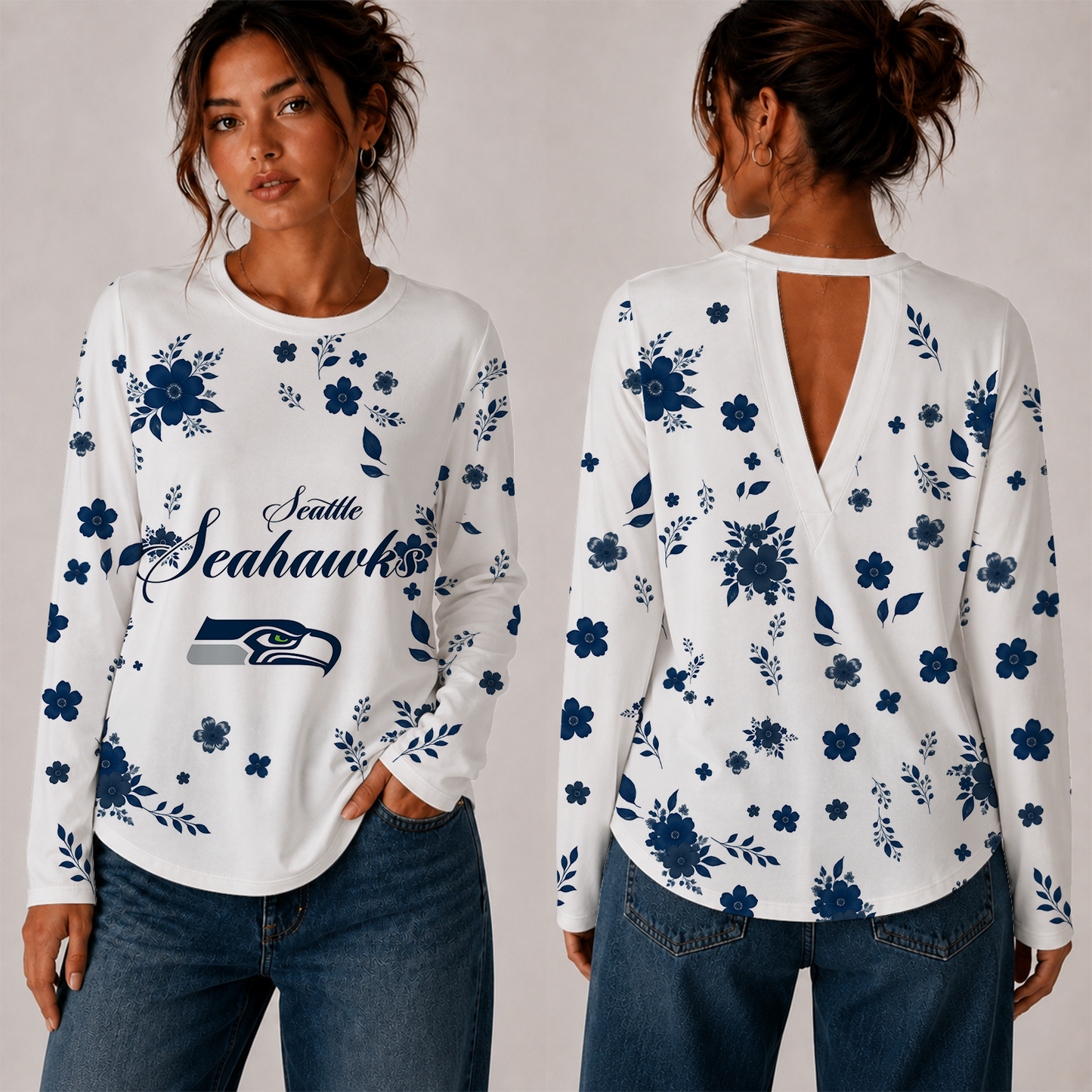 [SPECIAL OFFER] NEW CUSTOMIZED NFL06 SSH SEATTLE SEAHAWKS WOMEN'S BACK V-CUT LONG-SLEEVE SHIRT