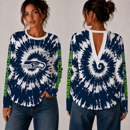 [SPECIAL OFFER] NEW CUSTOMIZED NFL06 SSH SEATTLE SEAHAWKS WOMEN'S BACK V-CUT LONG-SLEEVE SHIRT