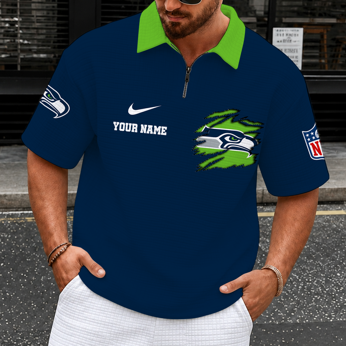 [SPECIAL OFFER] NEW CUSTOMIZED NFL06 SSH SEATTLE SEAHAWKS QUARTER-ZIP POLO SHIRT