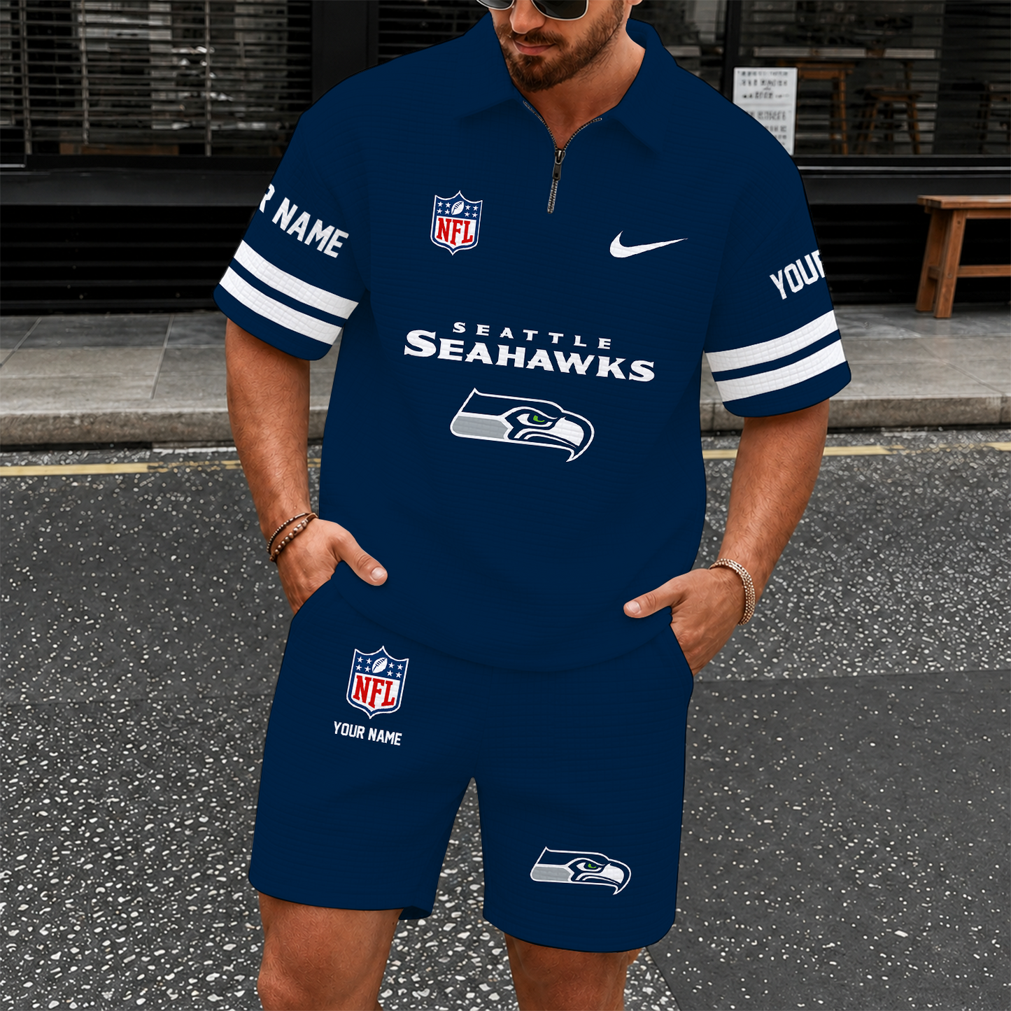 [SPECIAL OFFER] NEW CUSTOMIZED NFL06 SSH SEATTLE SEAHAWKS QUARTER-ZIP POLO SHIRT & SHORTS SET