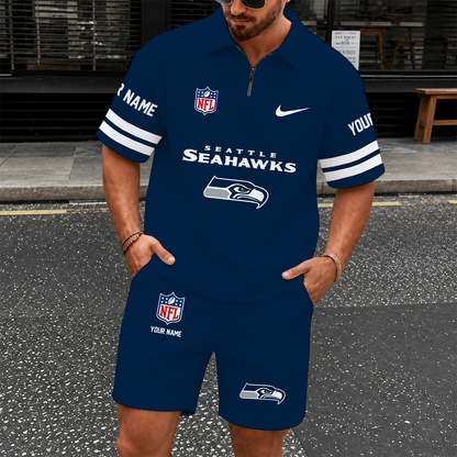 [SPECIAL OFFER] NEW CUSTOMIZED NFL06 SSH SEATTLE SEAHAWKS QUARTER-ZIP POLO SHIRT & SHORTS SET