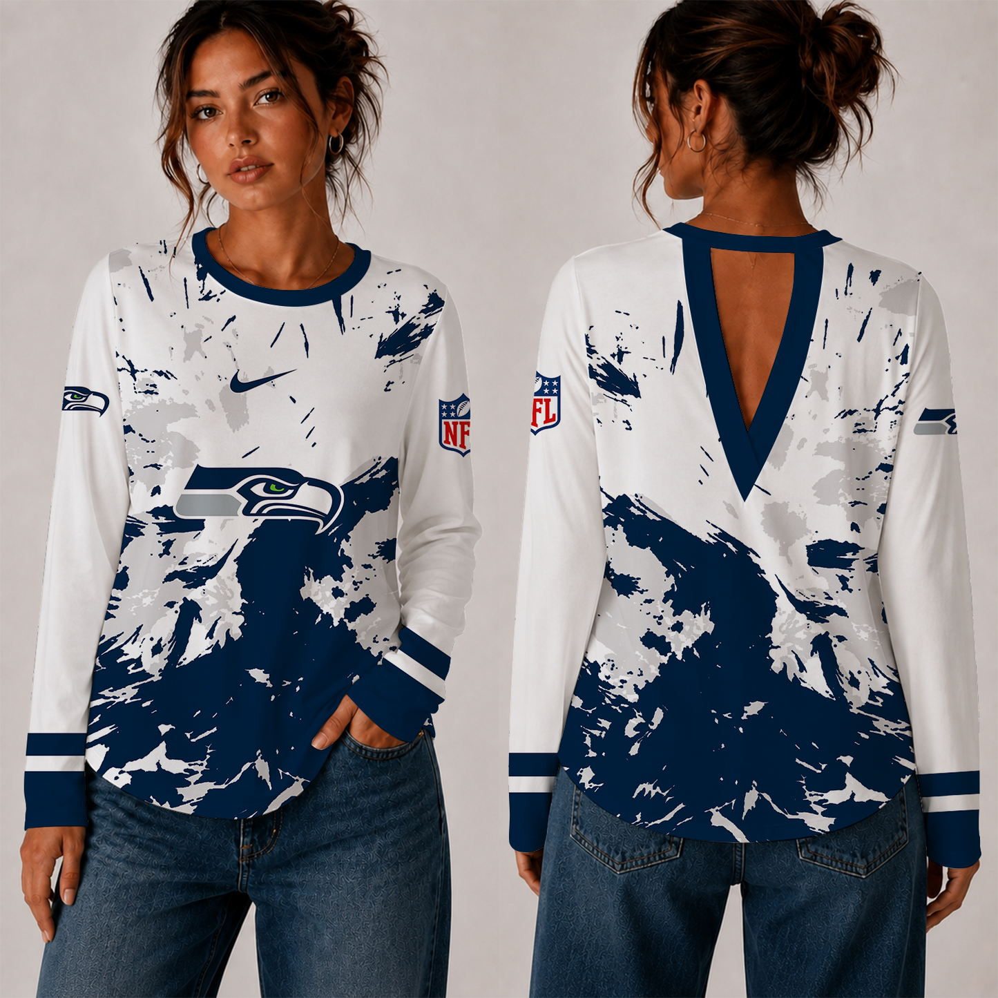[SPECIAL OFFER] NEW CUSTOMIZED NFL06 SSH SEATTLE SEAHAWKS WOMEN'S BACK V-CUT LONG-SLEEVE SHIRT