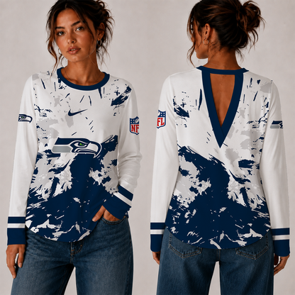 [SPECIAL OFFER] NEW CUSTOMIZED NFL06 SSH SEATTLE SEAHAWKS WOMEN'S BACK V-CUT LONG-SLEEVE SHIRT