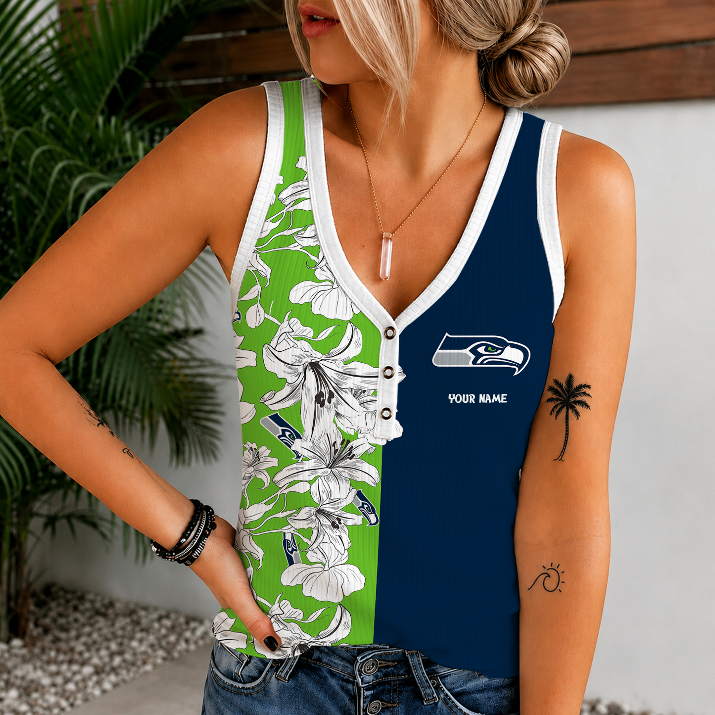 [SPECIAL OFFER] NEW CUSTOMIZED NFL06 SSH SEATTLE SEAHAWKS WOMEN'S V-NECK TANK TOP
