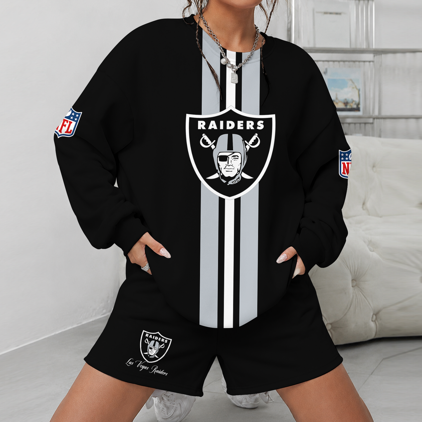 [SPECIAL OFFER] NEW CUSTOMIZED NFL07 LVR LAS VEGAS RAIDERS UNISEX SWEATSHIRT & SHORTS SET