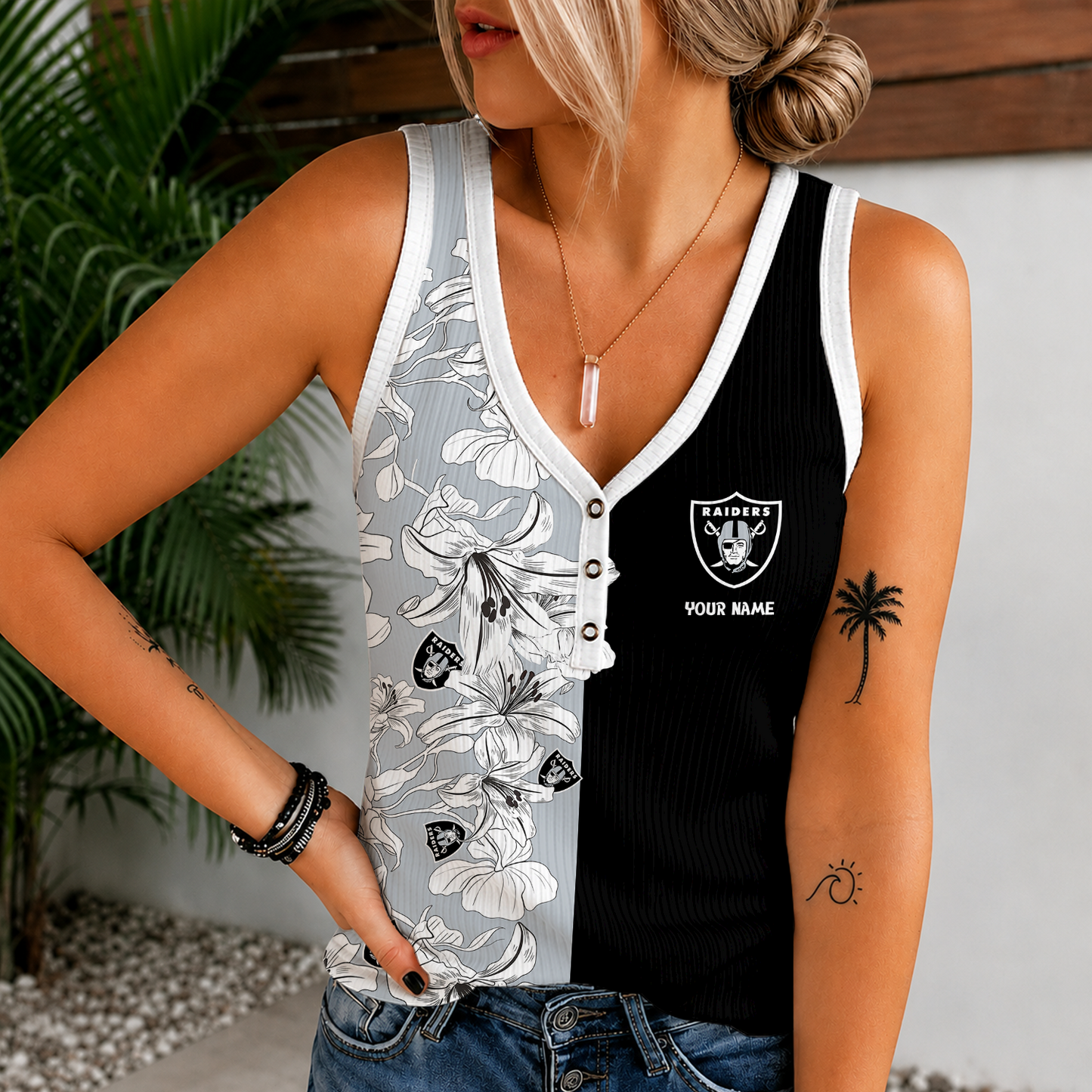 [SPECIAL OFFER] NEW CUSTOMIZED NFL07 LVR LAS VEGAS RAIDERS WOMEN'S V-NECK TANK TOP