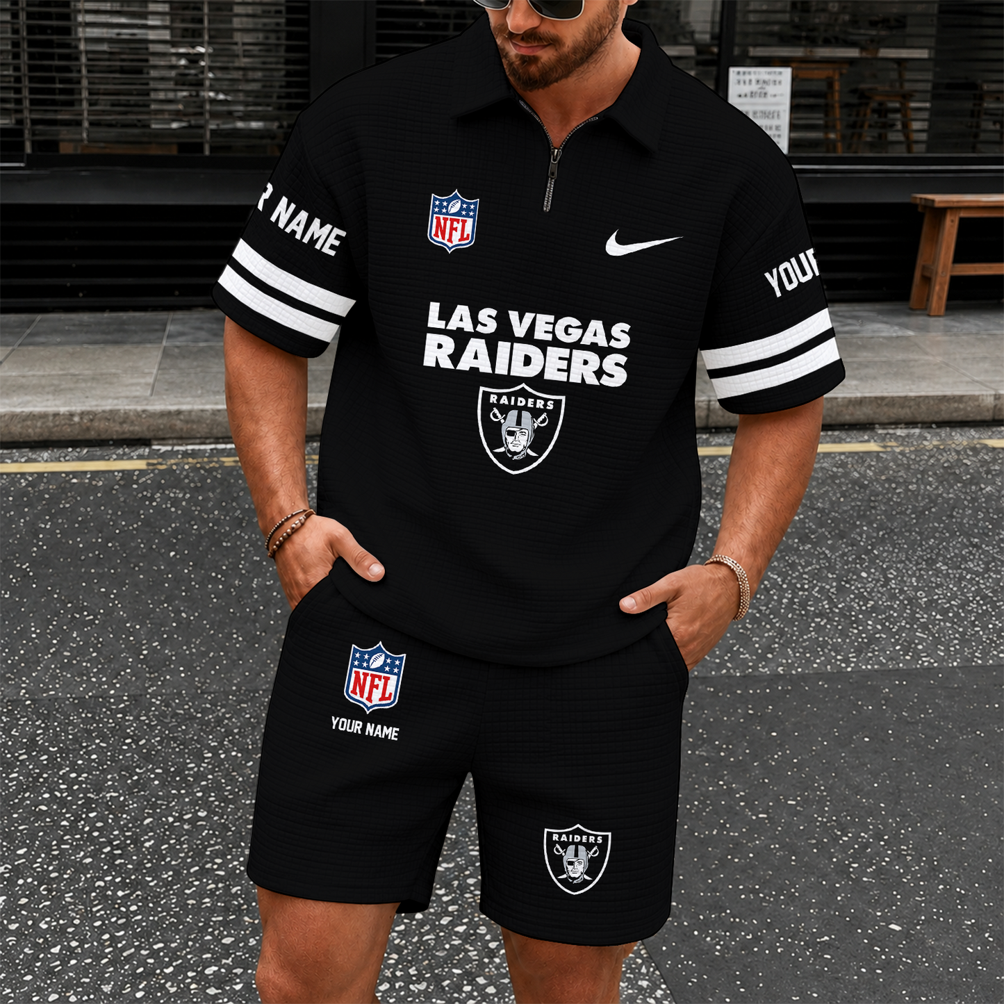 [SPECIAL OFFER] NEW CUSTOMIZED NFL07 LVR LAS VEGAS RAIDERS QUARTER-ZIP POLO SHIRT & SHORTS SET