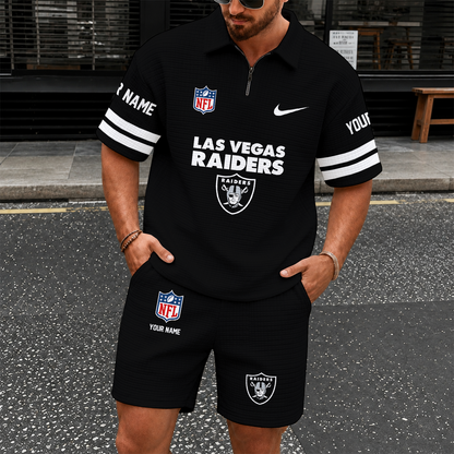 [SPECIAL OFFER] NEW CUSTOMIZED NFL07 LVR LAS VEGAS RAIDERS QUARTER-ZIP POLO SHIRT & SHORTS SET