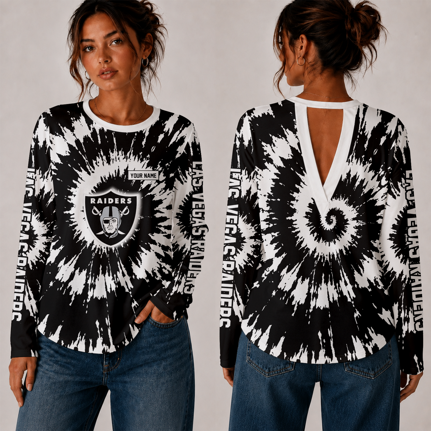 [SPECIAL OFFER] NEW CUSTOMIZED NFL07 LVR LAS VEGAS RAIDERS WOMEN'S BACK V-CUT LONG-SLEEVE SHIRT