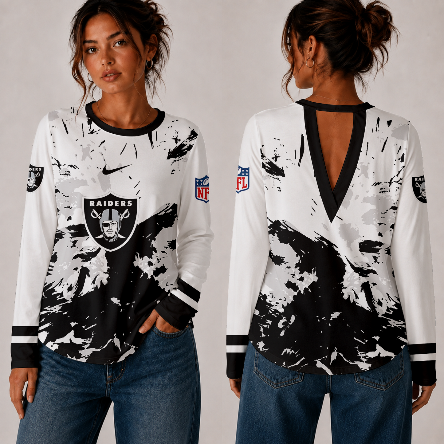 [SPECIAL OFFER] NEW CUSTOMIZED NFL07 LVR LAS VEGAS RAIDERS WOMEN'S BACK V-CUT LONG-SLEEVE SHIRT