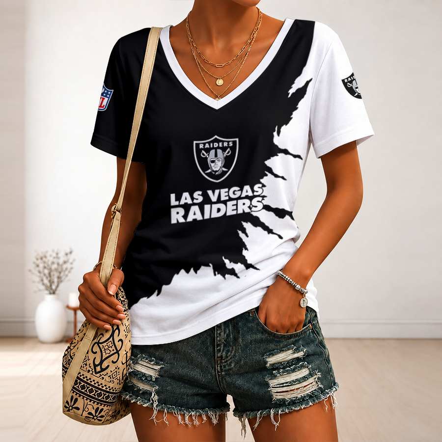 [SPECIAL OFFER] NEW CUSTOMIZED NFL07 LVR LAS VEGAS RAIDERS V-NECK FEMALE SHIRT