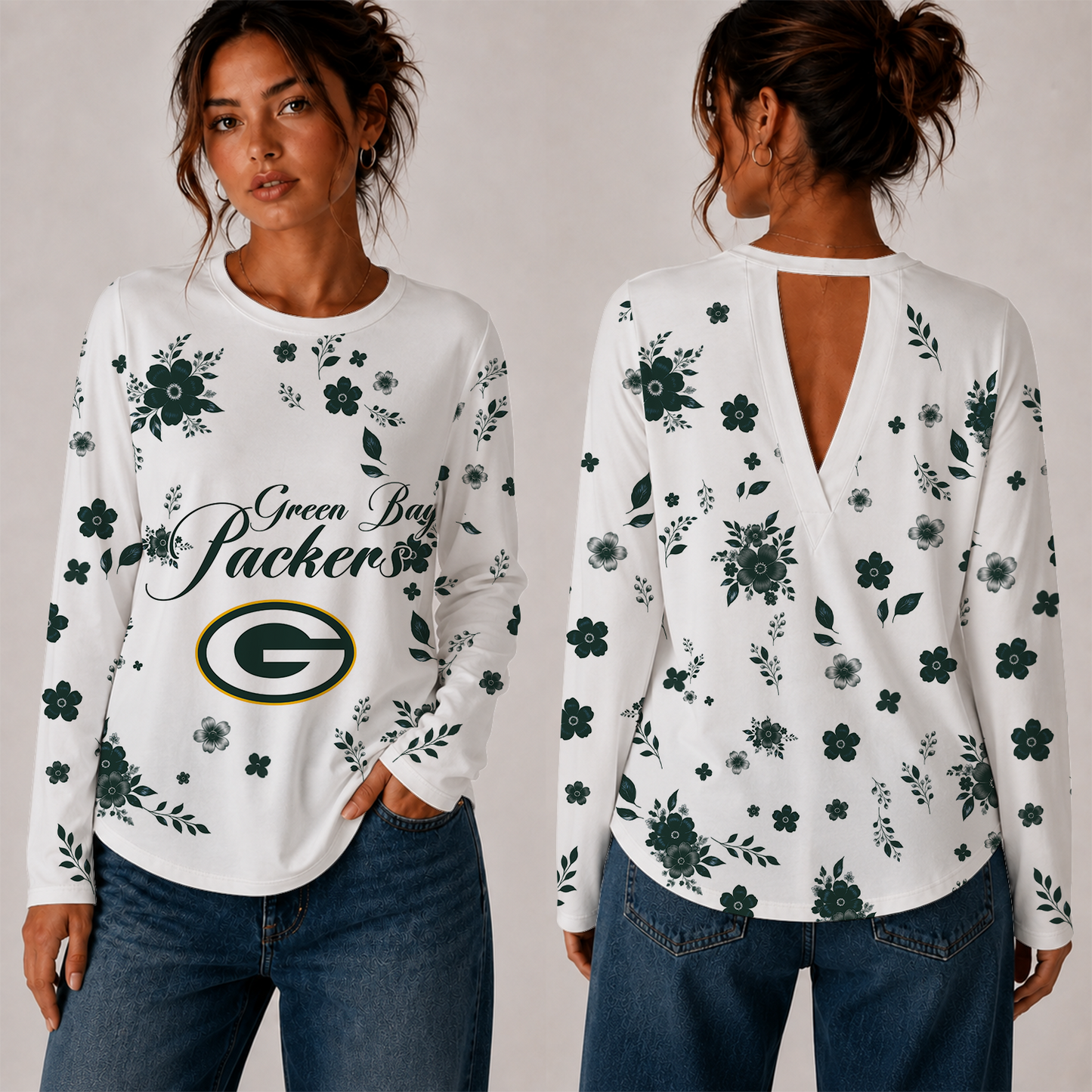 [SPECIAL OFFER] NEW CUSTOMIZED NFL08 GBP GREEN BAY PACKERS WOMEN'S BACK V-CUT LONG-SLEEVE SHIRT