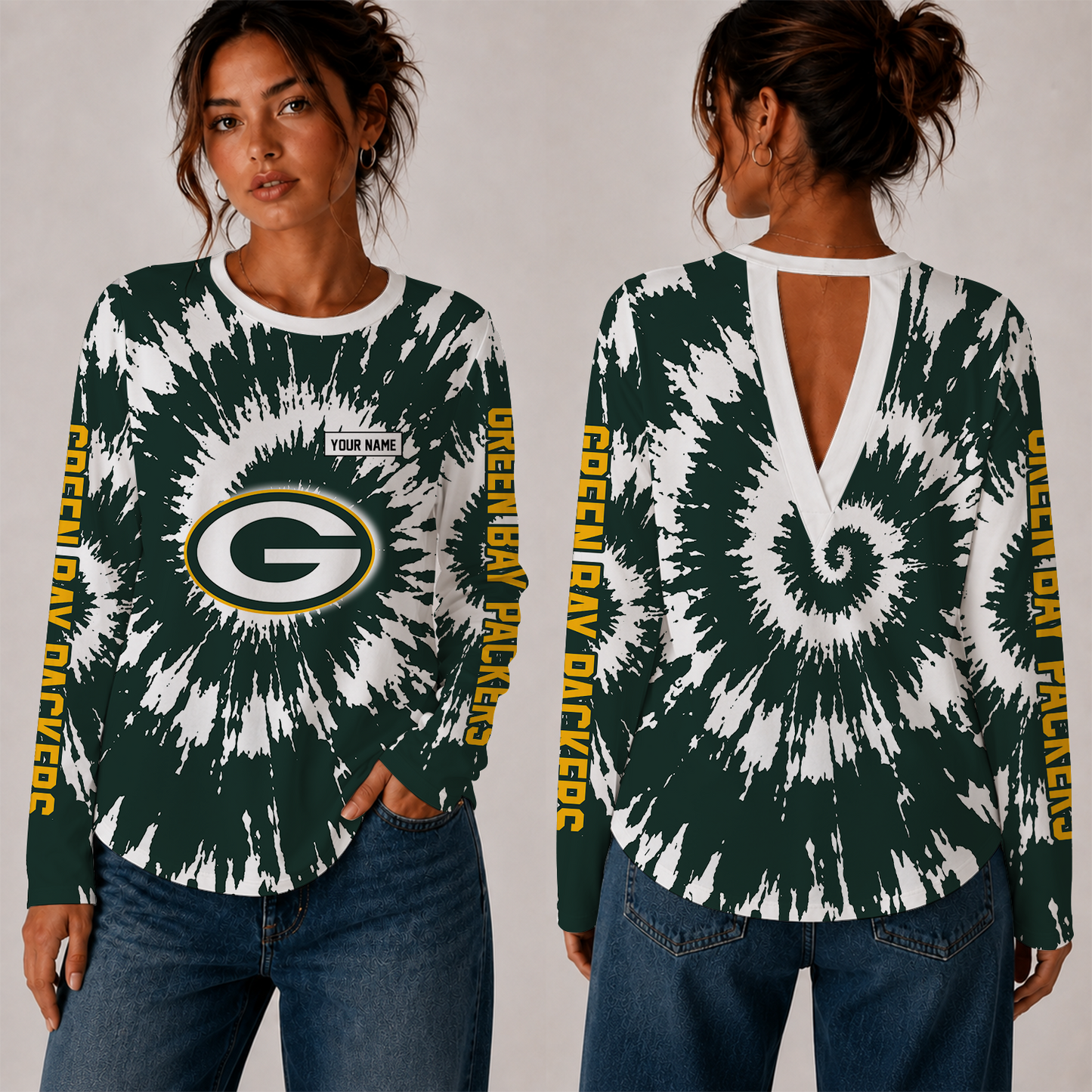 [SPECIAL OFFER] NEW CUSTOMIZED NFL08 GBP GREEN BAY PACKERS WOMEN'S BACK V-CUT LONG-SLEEVE SHIRT