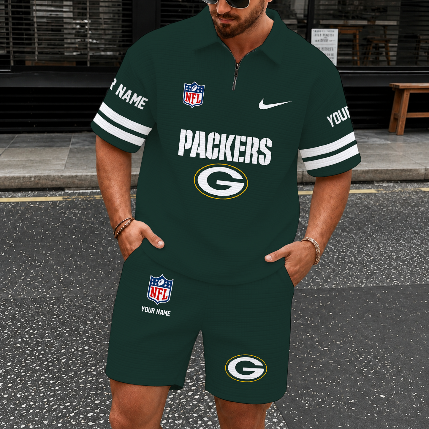 [SPECIAL OFFER] NEW CUSTOMIZED NFL08 GBP GREEN BAY PACKERS QUARTER-ZIP POLO SHIRT & SHORTS SET