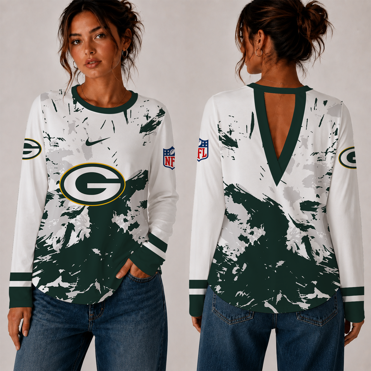 [SPECIAL OFFER] NEW CUSTOMIZED NFL08 GBP GREEN BAY PACKERS WOMEN'S BACK V-CUT LONG-SLEEVE SHIRT
