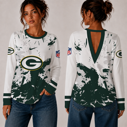[SPECIAL OFFER] NEW CUSTOMIZED NFL08 GBP GREEN BAY PACKERS WOMEN'S BACK V-CUT LONG-SLEEVE SHIRT