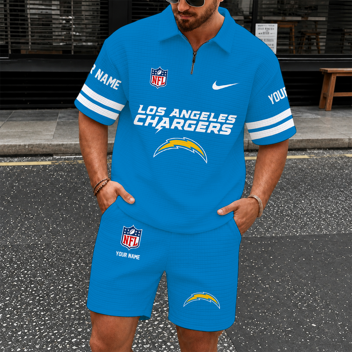 [SPECIAL OFFER] NEW CUSTOMIZED NFL09 LAC LOS ANGELES CHARGERS QUARTER-ZIP POLO SHIRT & SHORTS SET