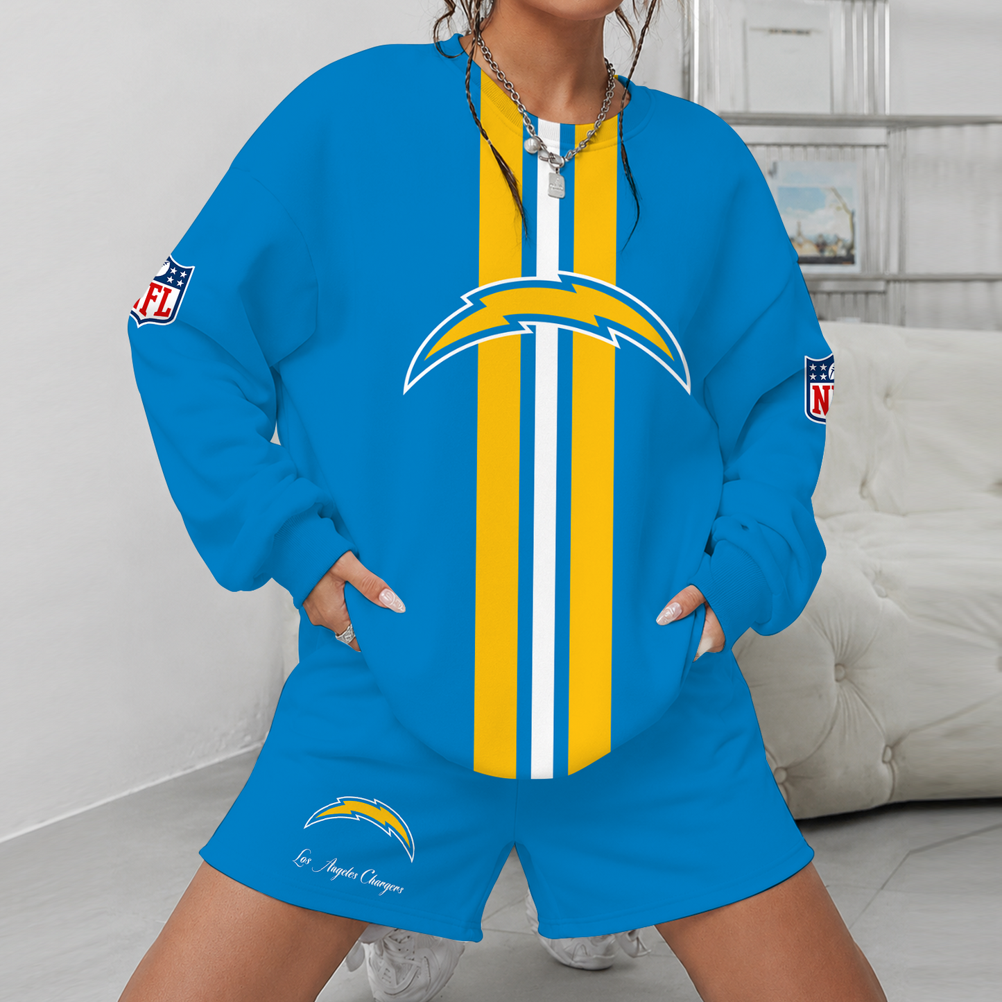 [SPECIAL OFFER] NEW CUSTOMIZED NFL09 LAC LOS ANGELES CHARGERS UNISEX SWEATSHIRT & SHORTS SET