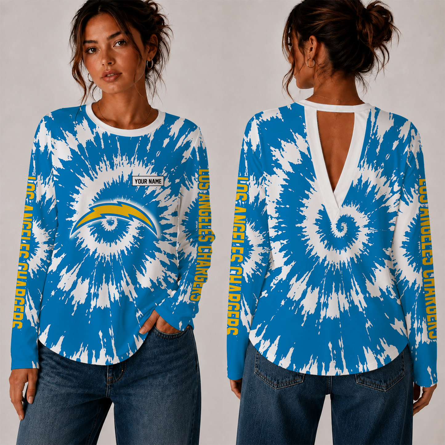 [SPECIAL OFFER] NEW CUSTOMIZED NFL09 LAC LOS ANGELES CHARGERS WOMEN'S BACK V-CUT LONG-SLEEVE SHIRT
