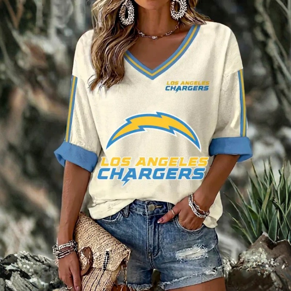 [SPECIAL OFFER] NEW CUSTOMIZED NFL09 LAC LOS ANGELES CHARGERS WOMEN'S HEART V-NECK LONG SLEEVE SHIRT